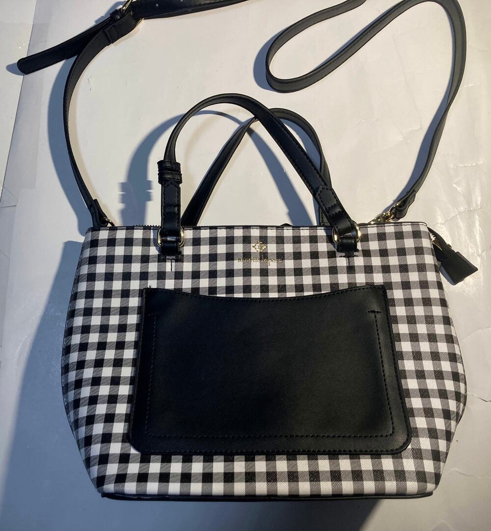 Nanette Lepore checker black white top handle detachable strap vegan leather bag